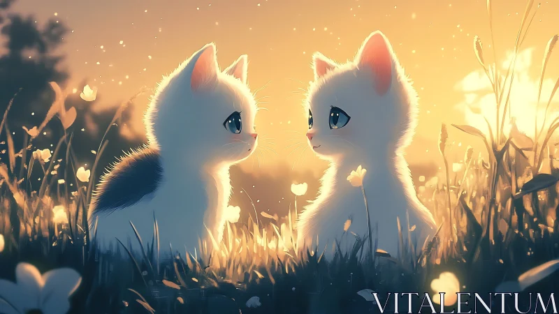 Luminescent Feline Dyad in Golden Hour Atmospheric Field.