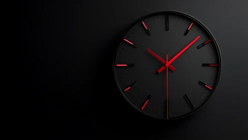 Minimalist black wall clock with red hands on dark background