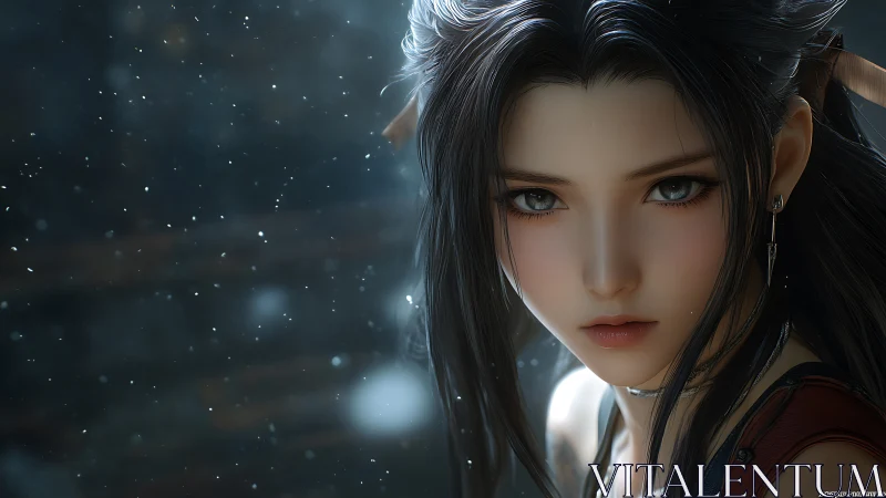 Cinematic close-up portrait of digital heroine in snowfall.