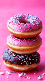 Chromatic depth-of-field stack of sprinkled glazed donuts.