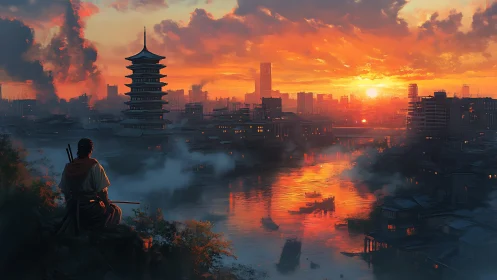 Samurai watches neon-lit river city at blazing sunset.