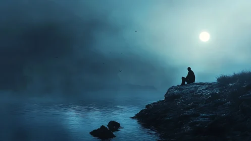 Solitary human figure on rocky shoreline under full moon.