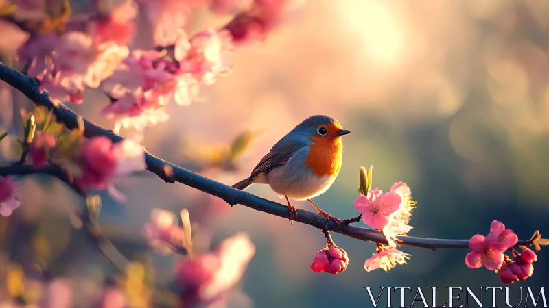 Spring robin on cherry blossom branch in soft sunset light.