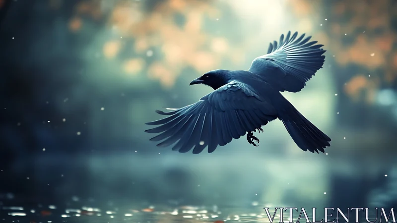 Majestic black crow in flight over water, dreamy soft focus style.