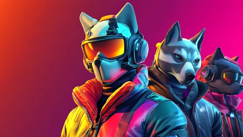 Futuristic cyberpunk wolf characters in neon outfits.