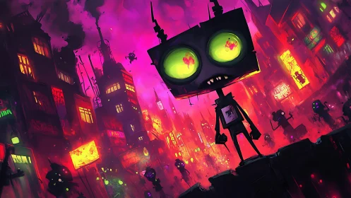 Neon-eyed glitchbot stalking a candy-colored robo alleyway.