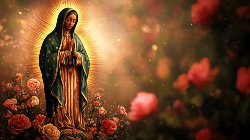 Iconic robed figure rendered with radial light halo and floral foreground