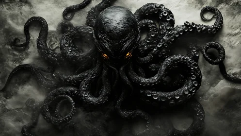 Midnight abyss dweller curls its molten-gold gaze outward