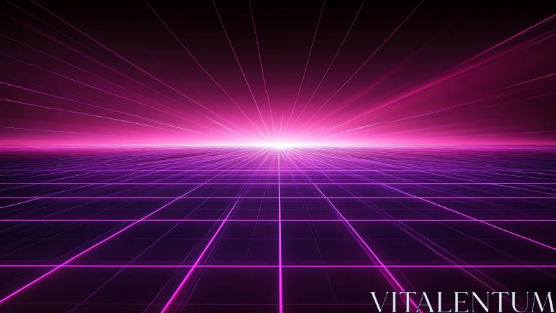 Neon grid horizon with bright glowing pink light burst.