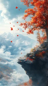 Autumn maple on clouded cliff edge above alpine mountain range