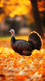 Autumn-parade turkey struts through molten-gold forest floor.