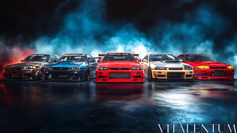 Iconic tuned sports cars stand united in cinematic neon haze