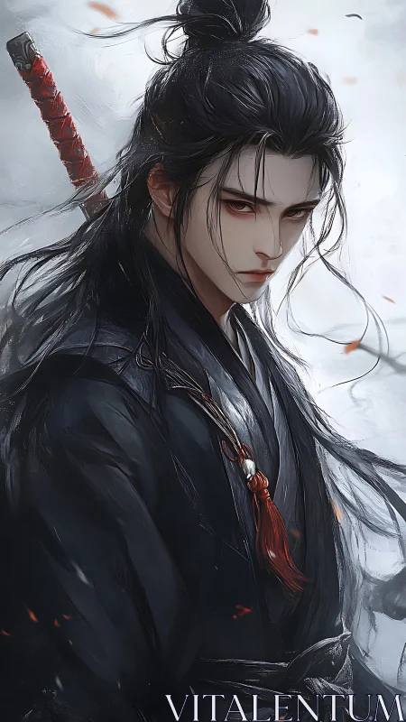 Storm-eyed swordsman in raven silks amid drifting embers.