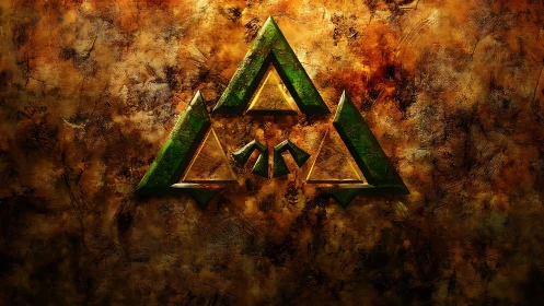 Green geometric emblem over textured rusted wall art.