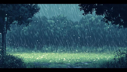 Rainy Meadow Dreams Beneath Dark Forest Trees