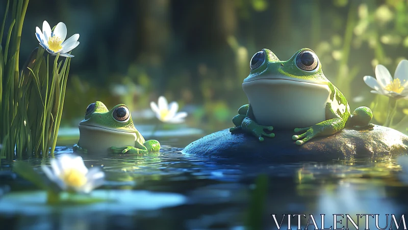 Green frogs on pond rock amid water lilies in soft light.