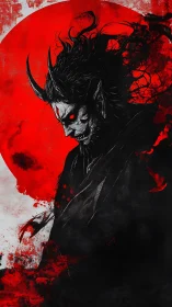 Blood-moon horned ronin smirking through swirling inkstorm.