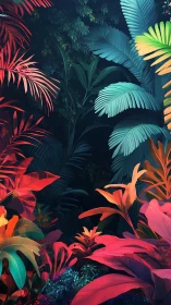 Luminous jungle leaves glowing in a dreamy twilight garden.