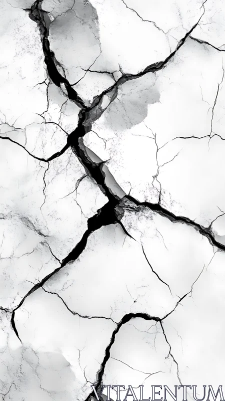 Fractured white surface with dramatic black fault lines.