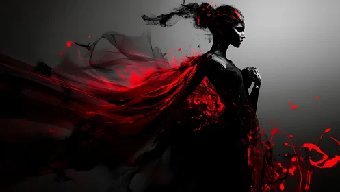 Profile silhouette of female figure with red abstract motion