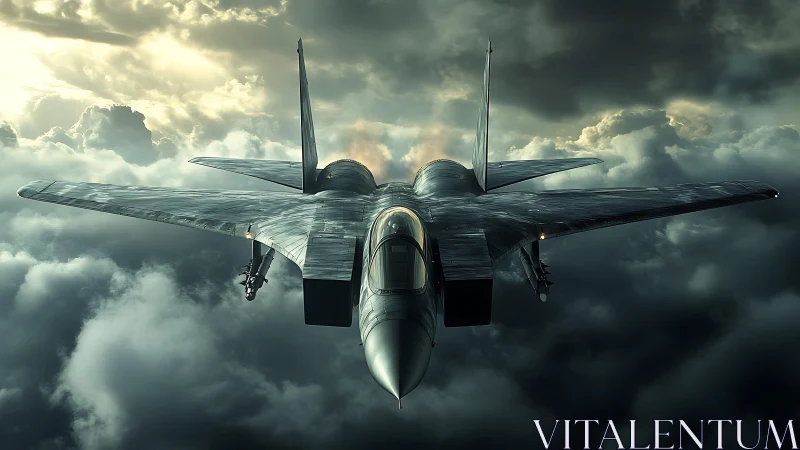 Stealth fighter jet cuts through storm-lit clouds at speed.