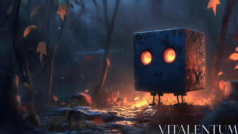 Weathered cube robot in ember lit forest clearing at dusk
