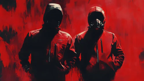 Two hooded figures stand against flat red painted backdrop