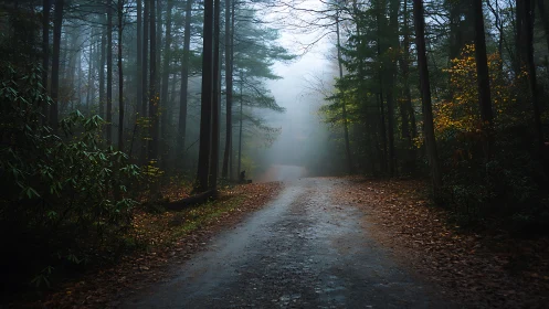 Misty forest road with converging tree lines and autumn ground cover.