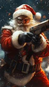 Militarized Santa Claus aims handgun amid dynamic particle effects