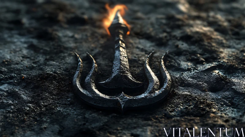 Burning trident emblem resting on charred ground surface.