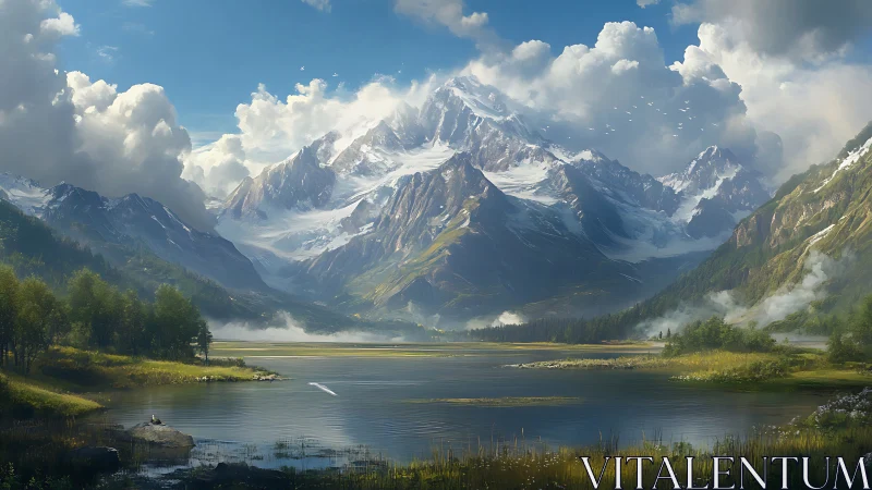 Snow-covered mountain range above lake and valley landscape.