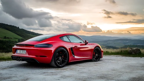Red sports coupe stands poised against a dramatic sunset vista