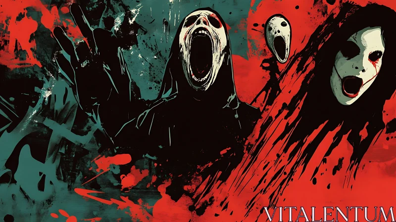 Hooded screaming figures in abstract red and teal horror art.
