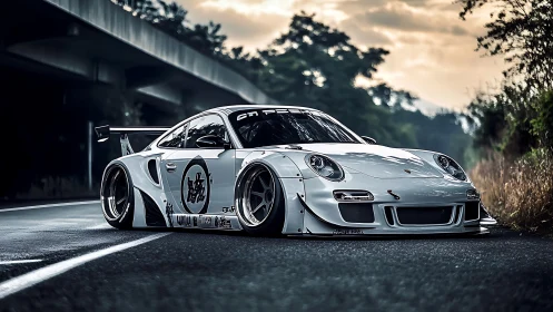 Widebody white Porsche race car prowls a moody empty road