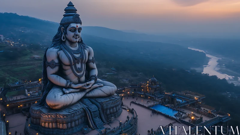 Twilight river curls around a colossal seated Shiva guardian