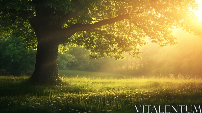 Majestic Oak Tree in Sunlit Meadow, Nature Landscape Photography.