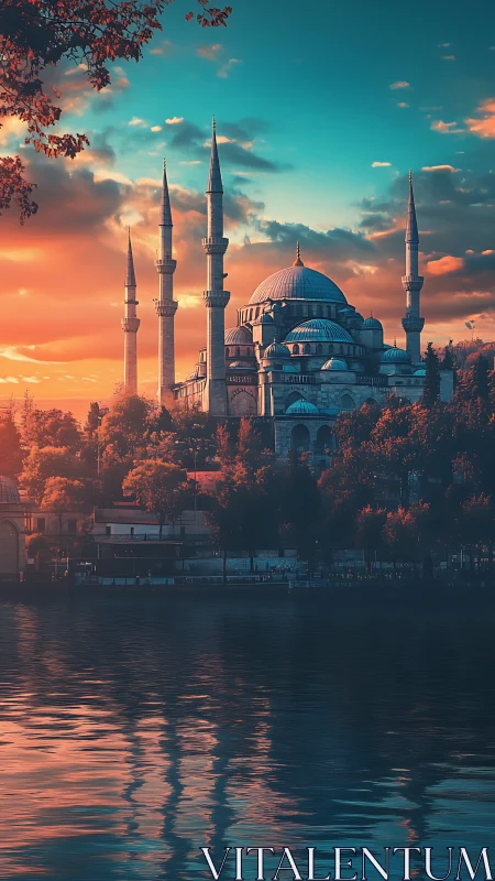 Mosque with tall minarets stands by reflective waterfront at sunset