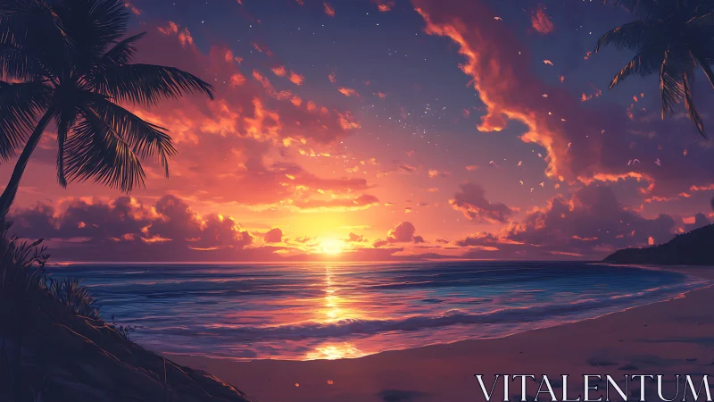 Golden tropical sunset over a peaceful palm-lined shore.