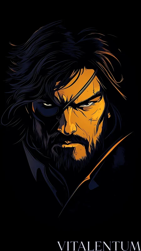 Scarred eyepatch warrior in stark orange shadowed portrait.