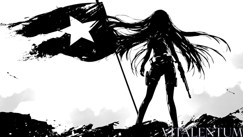 Silhouetted warrior raises star flag against stark white sky