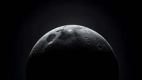 Lunar crescent reveals cratered surface against deep black void