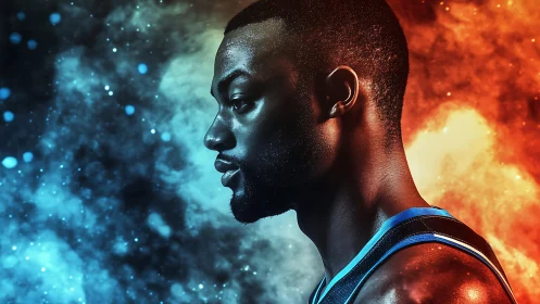 Profile portrait of athlete amid bicolor nebular energy field