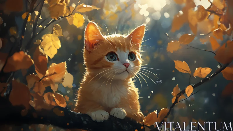 Amber-Eyed Kitten Among Autumn Foliage.