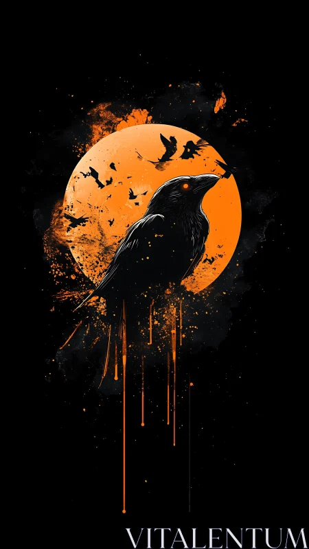 High-contrast raven silhouette against splattered lunar disc rendered