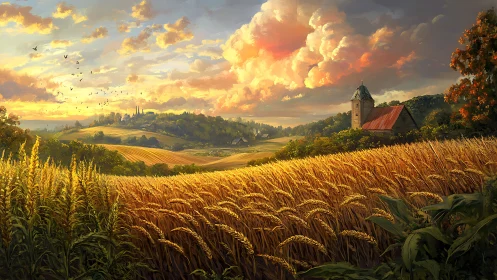Sunlit wheat valley with rustic barn under glowing clouds.