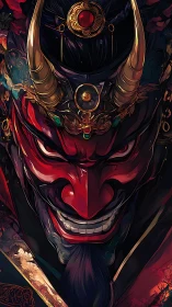 Laughing scarlet oni lord crowned in molten gold regalia.