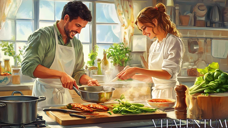 Couple cooking together in bright home kitchen scene.