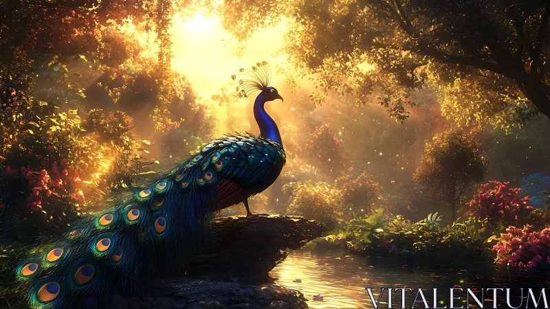 Radiant peacock stands beside glowing forest stream at dawn