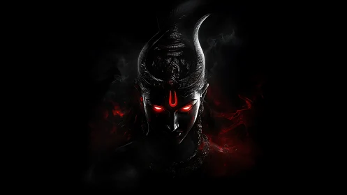 Dark deity portrait with glowing red eyes and symbol.