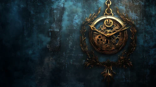 Clockwork laurels cradle time against a stormworn wall